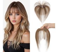 S-noilite Extensiones de Cabello Humano con Flequillo Francés, 9g Extensiones de Pelo Humano con Clip, 5x12.5CM Base de Encaje de Cabello con Flequillo para Pelo Fino, Rubio Oscuro/Castaño Medio