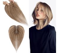 S-noilite Extensiones de Cabello Humano con Flequillo Lateral, 14g Extensiones de Pelo Humano con Clip, 28CM con 7x11CM Base de Encaje de Cabello con Bangs, para Pelo Fino, Rubio Oscuro/Castaño Medio
