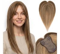 S-noilite Extensiones de Cabello Humano con Flequillo Lateral, 20g Extensiones de Pelo Humano con Clip, 25CM con 8x11CM Base de Encaje de Cabello con Bangs, para Pelo Fino,Rubio Oscuro/Castaño Medio