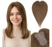 S-noilite Extensiones de Cabello Humano con Flequillo Lateral, 20g Extensiones de Pelo Humano Remy con Clip, 25CM con 8x11CM Base de Encaje de Cabello con Flequillo, para Pelo Fino, Marrón Medio #4