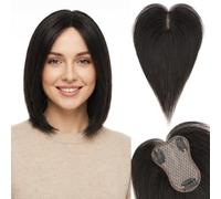 S-noilite Extensiones de Cabello Humano con Flequillo Lateral, 20g Extensiones de Pelo Humano Remy con Clip, 25CM con 8x11CM Base de Encaje de Cabello con Flequillo, para Pelo Fino, Negro Natural #1B