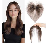 S-noilite Extensiones de Cabello Humano con Flequillo Lateral, 9g Extensiones de Pelo Humano con Clip, 360° con 5x12.5CM Base de Encaje de Cabello con Flequillo, para Pelo Fino, Marrón Moca # 2R