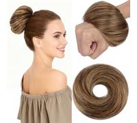 S-noilite Moño de Cabello Natural, Coletero Derecho de Cabello Humano de 30g, Moños Elástico para Peluca, Moños de Moda para Mujeres, Moño de Pelo Humano Real Marrón Chocolate/Rubio Oscuro, #4P27