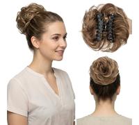 S-noilite Moño de Cabello Natural, Moños de Cabello Humano con Pinzas de Garra de 42g, Rizado Moño de Pelo Humano Real, Moños de Moda para Mujeres Clip In, Marrón Chocolate/Rubio Oscuro #4RP27R