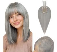 S-noilite Topper de Cabello con Flequillo, 40g Topper de Pelo Natural Aire Flequillo, Pelo Humano con Clip para Mujer, 3 Clips Invisible Cabello Humano de con Encaje Base, 35CM #Gris