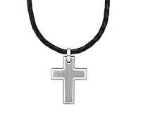 s.Oliver cadena con colgante de acero inoxidable de cuero collar de los hombres, 47+3 cm, plata, cruz, Viene en caja de regalo de joyería