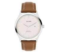 s.Oliver Reloj de Hombre - Redondo - Plata - 42 mm - Reloj de Metal con Movimiento de Cuarzo en Correa de Piel sintética con Hebilla - Reloj analógico - Resistente al Agua 5 ATM - Resistente a los