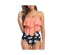 (S,Pink)Womens Tankini Swimsuits Ruffled Tank Top Tummy Control Floral Modest Swimwear High Waisted Bikini