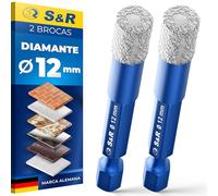 S&R 2 Broca porcelánico 12mm - Broca Diamante 12mm Céramica - Corona diamantada porcelánico 12 mm para Azulejos Cerámica Gres Granito Mármol Vidrio