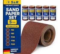 S&R 5 Rollos de Papel de lija para Madera Metal Pared de 93 mm x 5 m grano