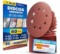 S&R 60 Discos Hoja Papel de Lija PREMIUM para Amoladora/Hojas 125 mm Grano cada 10 x 40/60/80/120/180/240 (60 pzs) 8 agujeros para Lijadora