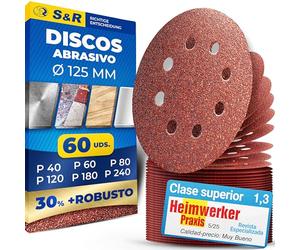 S&R 60 Discos Hoja Papel de Lija PREMIUM para Amoladora/Hojas 125 mm Grano cada 10 x 40/60/80/120/180/240 (60 pzs) 8 agujeros para Lijadora