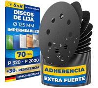 S&R 70 Discos 125mm Papel de Lija Agua Abrasivo P320-2000 Lijadora Orbital Lija impermeable para Coche Metal Madera Acero inoxidable