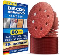 S&R 80 Discos Papel Lija PREMIUM Hojas Papel Abrasivo 125 mm. Grano 60/80/120/180/240/320/400 (70 pzs) 8 agujeros para Lijadora orbital