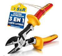 S&R Alicate Electricista Corte diagonal aislado VDE 1000V - Alicate Lateral de Cable multifunción Cortador diagonal (Corte, pelado y engarzado) - Herramienta pelacable de acero 60CrV - 220 mm