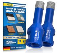 S&R Broca Diamante 12 mm Corona Perforadora Baldosas Cerámicas Mármol Granito Gres. 2 Broca Hueca diamantada