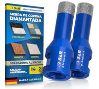 S&R Broca Diamante 14 mm Corona Perforadora Baldosas Cerámicas Mármol Granito Gres. 2 Broca Hueca diamantada