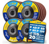 S&R Juego 20 Discos de Láminas 115 mm. 20 Disco de Lija Madera y Metal Lijadora 115 grano : P40/60/80/120. Disco abrasivos para amoladora angular