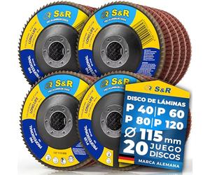 S&R Juego 20 Discos de Láminas 115 mm. 20 Disco de Lija Madera y Metal Lijadora 115 grano : P40/60/80/120. Disco abrasivos para amoladora angular