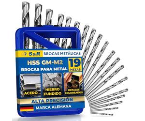 S&R Juego de 19 Brocas para Metal y Hierro Rectificadas HSS 1-10 mm 118° serie GM DIN 338 - Calidad Profesional