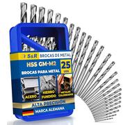 S&R Juego de brocas para metal Set 1-13mm 118 °, Caja con 25 Brocas Rectificadas, serie GM DIN 338, HSS - acero metal. Calidad profesional
