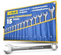 S&R Juego de Llaves Combinadas 15pzas. Llaves Fijas 6-22 mm. Llave de doble boca con Anillo y Horquilla de Calidad Industrial