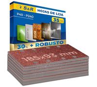 S&R Juego de Papel Lija 185 x 93 Juego 35 Hojas Abrasivas para Lijadora Manual Rectangular 8 agujeros: 5 x P40 5 x P60 5 x P80 10 x P120 10 x P240