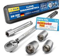 S&R Llave Dinamométrica 1/2 (28-210 Nm) - Torque Wrench Coche con Trinquete Reversible y Certificado ISO | Juego Completo con 3 Vasos (17,19,21 mm) y Barra de Extensión | Precisión ±4%