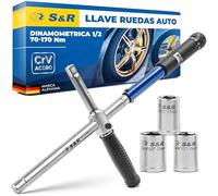 S&R Llave Dinamométrica 1/2 (70-170 Nm) Llaves Ruedas Auto Cruzada de 23.5 cm para Coches. Llave cruzada con 3 zócalos de 17, 19, 21 mm en acero CR-V en Caja Sólida