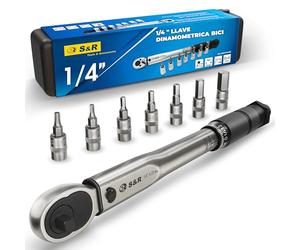 S&R Llave Dinamometrica Bicicleta Moto. Juego de llave dinamometrica 1/4 pequeña con carraca y zocalos. Torque Wrench 5-25 nm Profesional