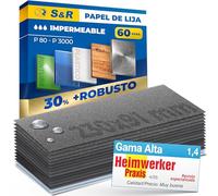 S&R Papel de Lija de Agua para Coches Madera Metales Porcelanico. Papel | Impermable 60 pzas - Grano : 80/120/ 150/180/ 240/320/ 400/600/ 800/1000/ 1200/1500/ 2000/2500/ 3000