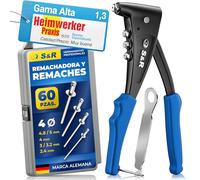 S&R Remachadora Manual con 60 Tuercas. Pirstola de Remaches (2.4 mm 3.0/3.2 mm 4.0 mm 4.8/5.0 mm) en aluminio y acero inox para remaches ciegos, 4 boquillas, 1 llave, 1 maletín de almacenamiento.