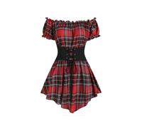(S,Red2301)New Fashion Croset Style Off The Shoulder Corset Waist Plaid Women Top Fashion Hide Tummy Short Sleeve Tee For Summer