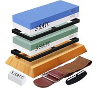 S SATC Juego de piedra de afilar de grano 400/1000/3000/8000, afilador de cuchillos con base antideslizante, piedra aplanada, guía angular, correa de cuero