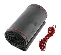 S SUMEX Funda Volante Cuero Real Negro con Costura Roja para Coser Cubre Volante Universal 37-38 cm, Kit con Hilo