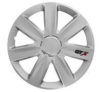 S SUMEX Juego de 4 Tapacubos de 14 Pulgadas Diseño GTX Carbon Plata, Acabado Cromado y ABS Resistente a Fuertes Impactos, Duradero y Fiable con Anillo de sujeción Ajustable