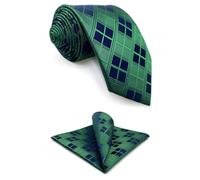 S&W SHLAX&WING Corbatas para hombre Slim Green Navy Corbata de satén a cuadros y pañuelo de bolsillo Combo Skinny 147cm×6cm