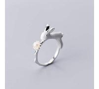 S925 Anillo de Plata Mujer Estilo Arte Coreano Concha Sintética Perlas Anillo Abierto Conejo Lindo Anillo Animal, LJBLEUSK, el Argent