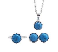 S925 Fashion Collar de Plata Esterlina Anillo de Apertura Bucles Set de Joyería de Mujer Turquesa Azul Ronda Clásico Encanto Retro Regalo Creativo, LJBLEUSK