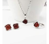 S925 Fashion Collar de Plata Esterlina Anillo de Apertura Bucles Set Joyas de Mujer Redondo Ágata Roja Clásico Retro Encanto Regalo Creativo, LJBLEUSK