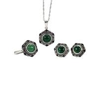 S925 Fashion Collar de Plata Esterlina Anillo de Apertura Bucles Set Joyería de Mujer Flor Verde Clásico Retro Chalcedony Creative Charm Gift, LJBLEUSK