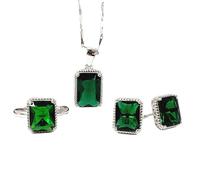 S925 Fashion Collar de Plata Esterlina Anillo de Apertura Bucles Set Joyería de Mujer Rectángulo Verde Cristal Clásico Retro Encanto Regalo Creativo, LJBLEUSK