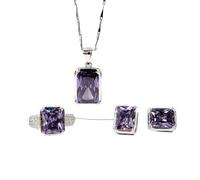 S925 Moda Collar de Plata Esterlina Anillo de Apertura Bucles Conjunto de Joyería de Mujer Rectángulo Cristal Violeta Clásico Retro Encanto Regalo Creativo, LJBLEUSK