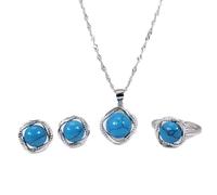 S925 Moda Collar de Plata Esterlina Anillo de Apertura Bucles Conjunto de Joyería de Mujer Torsión Azul Turquesa Clásico Retro Encanto Regalo Creativo, LJBLEUSK