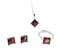 S925 Moda Collar de Plata Esterlina Anillo de Apertura Bucles Set Joyería Cuadrado de Cristal de Mujer Rojo Verde Clásico Retro Encanto Regalo Creativo, LJBLEUSK