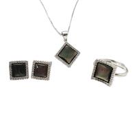 S925 Moda Collar de Plata Esterlina Anillo de Apertura Bucles Set Joyería de Mujer Negro Geométrico Cuadrado Concha Clásico Retro Encanto Regalo Creativo, LJBLEUSK