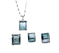 S925 Moda Collar de Plata Esterlina Anillo de Apertura Bucles Set Joyería de Mujer Rectángulo Cristal Azul Clásico Retro Encanto Regalo Creativo, LJBLEUSK