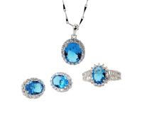 S925 Moda Collar de Plata Esterlina Anillo de Apertura Bucles Set Joyería Huevo de Mujer Paloma Cristal Azul Clásico Retro Encanto Regalo Creativo, LJBLEUSK