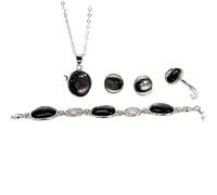 S925 Moda Collar de Plata Esterlina Anillo de Apertura Loops Conjunto Feminista Joyería Negro Geométrico Concha Pulsera Clásico Retro Encanto Regalo Creativo, LJBLEUSK