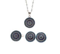 S925 Moda Collar de Plata Esterlina Anillo de Apertura Loops Conjunto Feminista Rhinestone Azul Turquesa Ronda Retro Clásico Encanto Regalo Creativo, LJBLEUSK